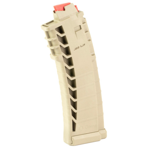 CMMG 22AFC77-FDE 10-Round .22LR Magazine for AR-15, durable polymer design, compatible with MK4 and AR-15 rifles, shown in tan color with a red follower at the top.