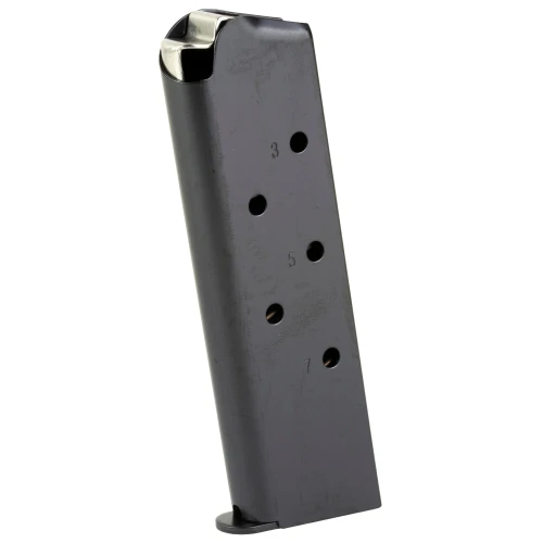 KCI USA KCI-MZ038 1911 .45 ACP Steel Magazine - 7 Round Capacity with Durable Electroplated Finish, showing a close-up of a black magazine with multiple round capacity markings.
