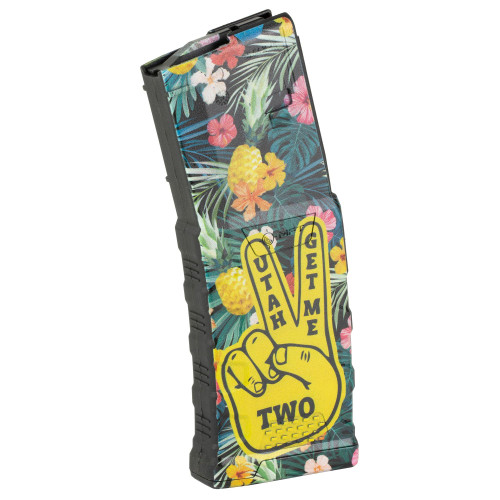 Mission First Tactical EXDPM556D-PBU AR15/M4 Magazine Release Button - Heavy Duty & Impact Resistant Design, with a tropical floral pattern and yellow peace sign graphic.