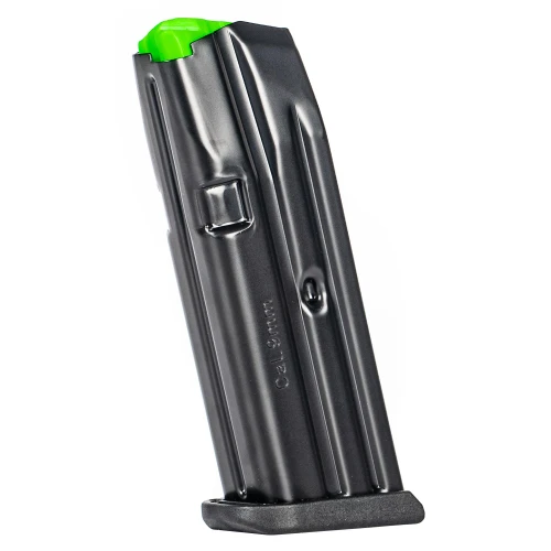 Mec-Gar USA MGG191000A - Premium High-Quality Magazine with Anti-Friction Coating for Firearms, shown vertically oriented with a black finish and a green follower on top.