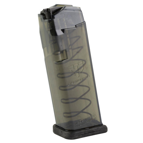 Elite Tactical Systems Group SMK-GLK-19 - Durable Clear Magazine for Glock 19 & 26, 15-Round Capacity, Compatible with Generations 1-5, with Lifetime Warranty, shown with transparent body displaying internal spring and follower.