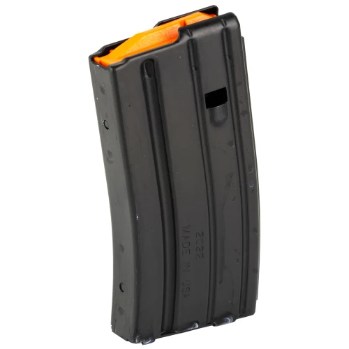 DURAMAG Speed Black Magazine - 20 Rounds Capacity, Lightweight Aluminum with Type-III Anodized Finish, Reliable Anti-Fatigue Spring, Perfect for Tactical Use, black magazine with an orange follower for quick identification.