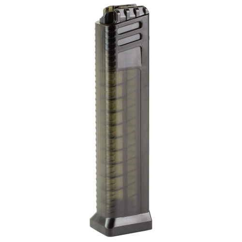 Grand Power Stribog SP10A3 Magazine, 20 Round Capacity, Durable Clear Polymer Construction, shown standing vertically.