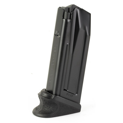 Heckler & Koch 50253428 Steel Magazine, durable and reliable, designed for optimal fit in firearms, shown standing upright with black finish and textured base for grip.