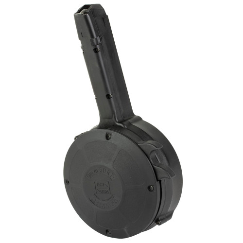 KCI USA KCI-MZ027 50-Round Drum Magazine for Glock 17, 19, 34, high carbon steel and polymer construction, shown on white background.