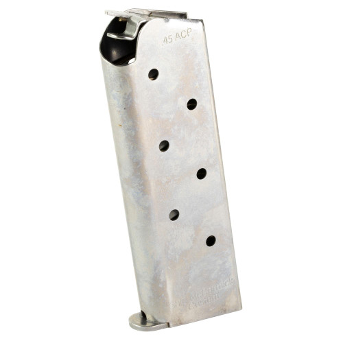 CMC Products M-CL-45CP7 Classic 1911 Magazine, durable USGI style flush fit stainless steel with extra power spring, shown in a close-up view.