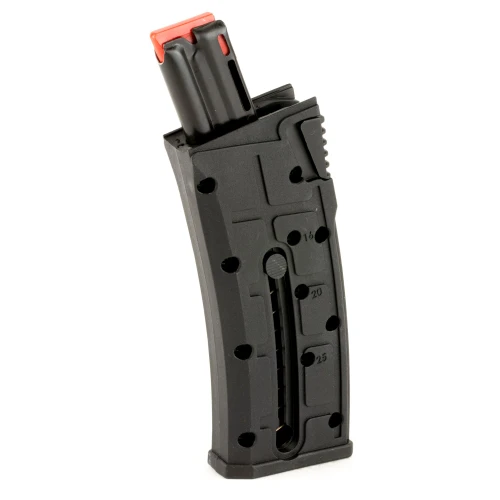 Mossberg 95725, firearm magazine with a black body and red-tipped top, designed for Mossberg shotguns.