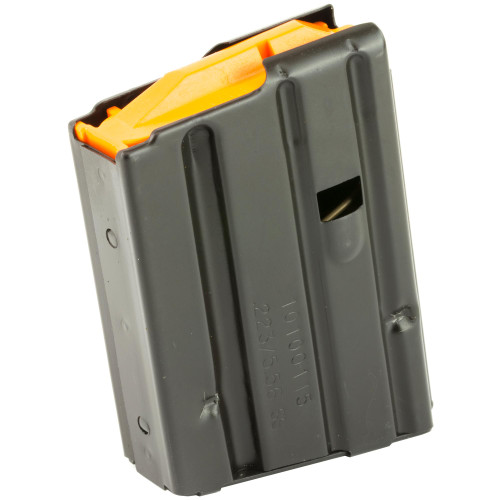 Ruger 90428, firearm magazine with a black body and orange follower.