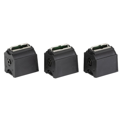 Ruger 90979 LX-1 Left Handed 10 Round Magazine Pack – 3 Count, Image of three black rifle magazines with metal feed lips for enhanced reliability in 10/22 firearms.