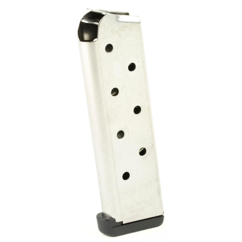 CMC Products M-PM-45FS8 Power Mags .45 Caliber 1911 Magazine - Heavy Duty, Reliable, Sleek Design with High Tensile Rocket Wire Spring, featuring a stainless steel construction with numbered holes for capacity and a black base plate.