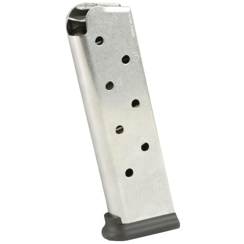 CMC Products M-RPM-45FS8 Railed Power Mag, the strongest 1911 magazine, with a sleek silver design, numbered capacity indicators, and a black base plate for ultimate reliability and smooth feeding.