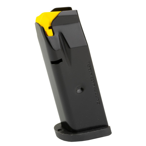 Taurus USA 358-0038-02, Durable and Reliable Firearm with 10-Round Capacity for Shooting Enthusiasts, gun magazine with black body and yellow tip in a close-up shot.