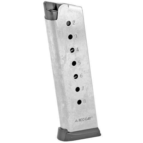 Springfield PI6074 8-Round Stainless Steel Magazine for 1911 Full Size - Reliable Factory Replacement, showing the magazine with numbered witness holes and orange followers.