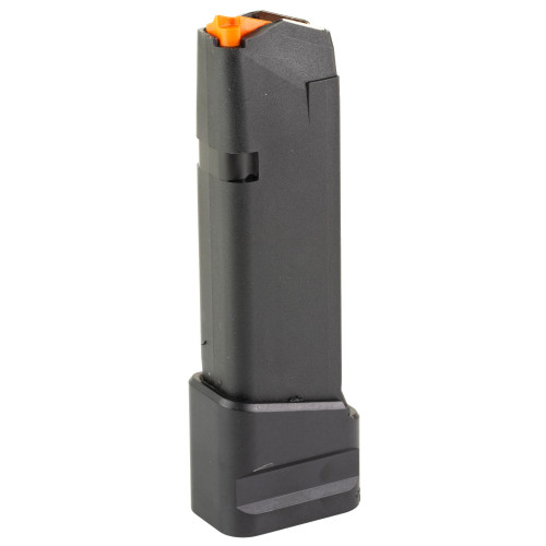 Shield Arms G19-ME-5INS-BLK Glock 19/23 15-Round Magazine with +5 Extension, durable billet aluminum design, black finish, with orange follower for enhanced firearm capacity