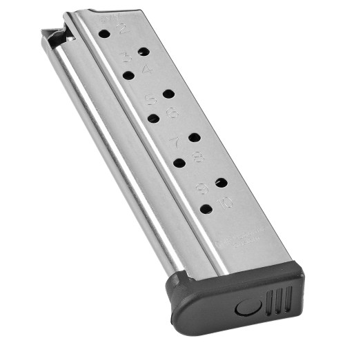 CMC Products M-RP-9FS10 Range Pro 1911 Magazine, high capacity stainless steel construction with removable polymer basepad and numbered follower for reliable carry and competition use.