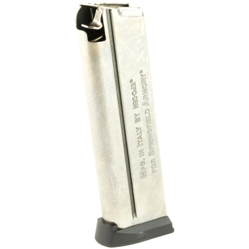 Springfield Armory PI6070 Factory Magazine - 9-Round Stainless Steel for 1911 EMP 3 Compact, front view of the magazine showing its stainless steel construction with engraved branding.