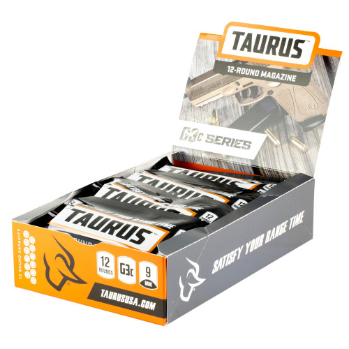 Taurus USA 389-0009-03 High-Quality 12-Round Magazine for G3c and G3XL, Durable and Reliable Firearm Accessory, with a black body and orange accents, displayed inside a retail box.