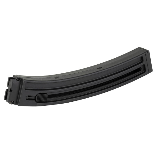 Heckler & Koch MP5 25-Round Magazine - .22 LR - Black, MPN 51000212, showing a black magazine designed for MP5 rifles with a curved shape and textured surface for grip.