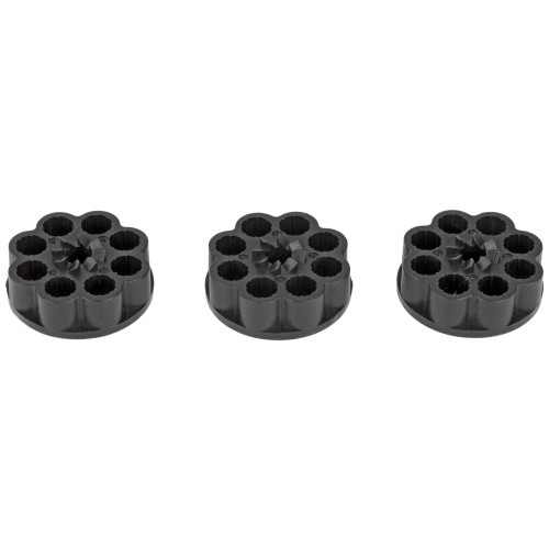 Crosman 488, three black plastic revolver style pellet clip loaders with multiple chambers for airgun pellets.