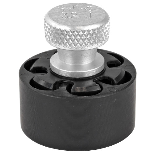 HKS Speed Loaders 32J, close-up image of a firearm loader component featuring a metallic top with engraved markings and a black base with a circular design.