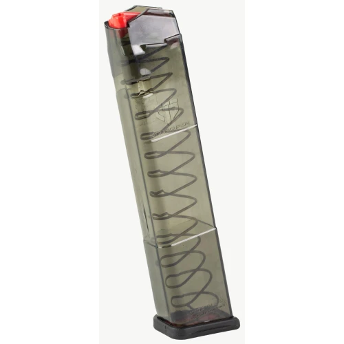 Elite Tactical Systems Group SMK-GLK-22-170, 24-Round Glock Magazine, Durable Clear Body, Non-Tilt Followers, Fits Gen 1-5 Glocks, transparent magazine with red follower for Glock pistols.