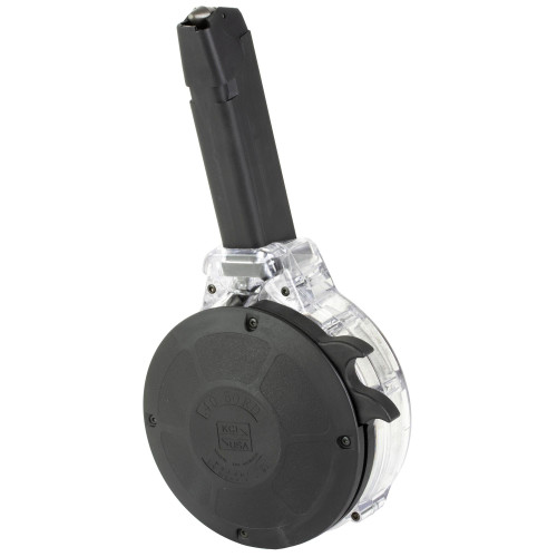 KCI USA KCI-MZ028 Drum Magazine - 50-Round .40 S&W for Glock 22/23/24/27/35, Durable Polymer & Steel Construction, loaded with ammunition, viewed from a slight side angle.