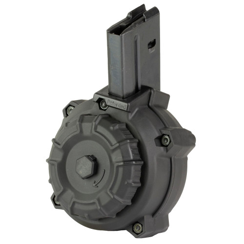 ProMag Industries DRM-A111, drum magazine for firearms, black high-capacity magazine with a rounded design and a large rotary turn knob for loading or adjusting.