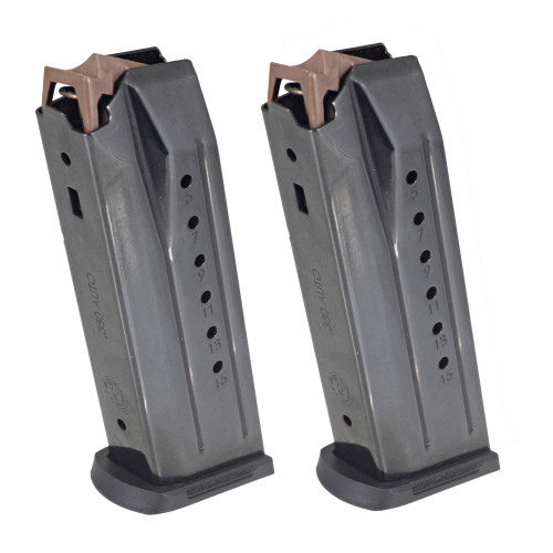 Ruger 90731, two stainless steel firearm magazines with marked capacity from 5 to 15 rounds.
