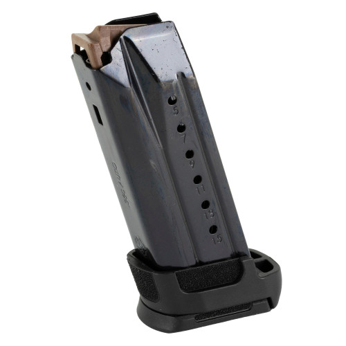 Ruger 90730 magazine, gun magazine with metal construction and transparent window showing numbered rounds.