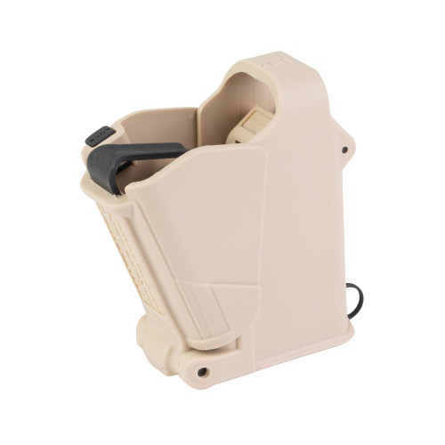Maglula ltd. UP60DS, firearm magazine loader and unloader device in tan color with black handle and trigger to assist in loading magazines.