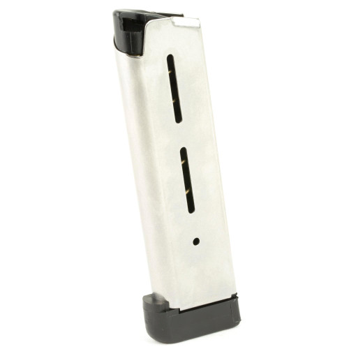 Wilson Combat 47DE, stainless steel gun magazine with a black base plate for firearm ammunition storage.