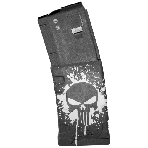Mission First Tactical EXDPM556D-PSS-WH magazine, gun magazine featuring a black and white skull design with splatter effect.