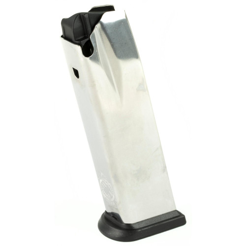 Springfield XDM5011, stainless steel pistol magazine with black plastic baseplate.
