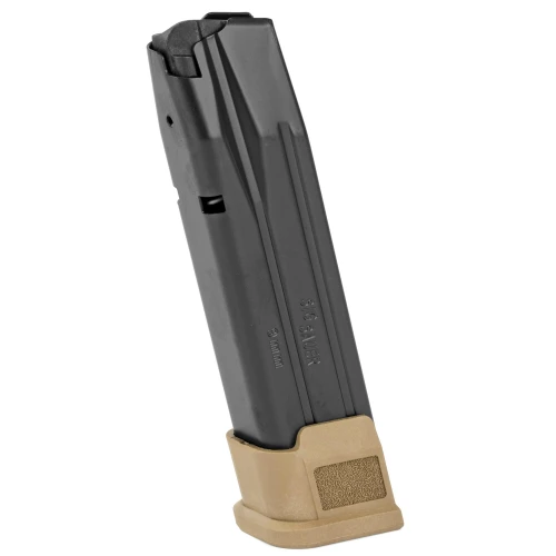 Sig Sauer MAG-MOD-F-9-21-COY, firearm magazine with a tan baseplate and black body, designed for 9mm cartridges.