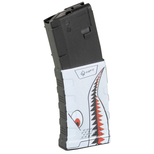 Mission First Tactical EXDPM556D-C-AR10W, tactical gun magazine with a shark tooth graphic design on the exterior.