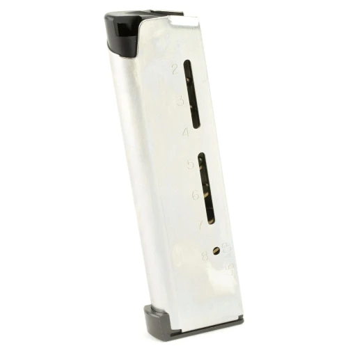 Wilson Combat 500C-HD, high-capacity silver firearm magazine with numbered indicator windows and black top and bottom reinforcement.