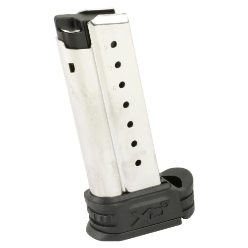 Springfield XDS0908 Factory Magazine - 8-Round Stainless Steel for Optimal Performance & Durability, display of a stainless steel firearm magazine with capacity markings from 7 to 8 rounds and a black plastic base.
