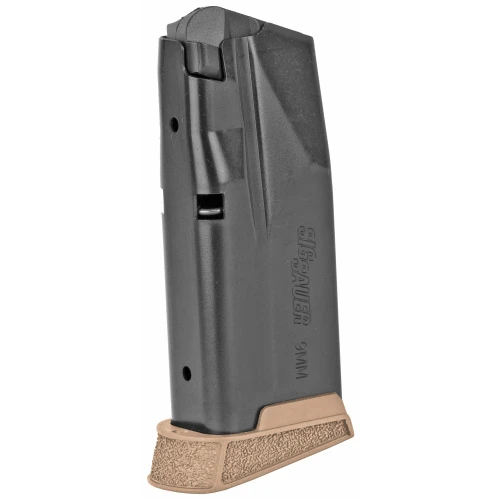 Sig Sauer MAG-365-9-10X-COY, firearm magazine with black body and tan baseplate, designed for 9mm pistols.