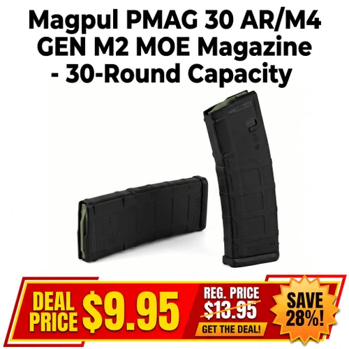 Magpul Industries Magpul PMAG 30 AR/M4 GEN M2 MOE Magazine, MAG571-BLK, two black durable polymer 30-round magazines shown upright and horizontally on a white background with promotional pricing