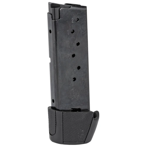 Ruger 90404, image showing a handgun magazine with a textured black base plate and a metal body with numbered feed lips for firearm ammunition.