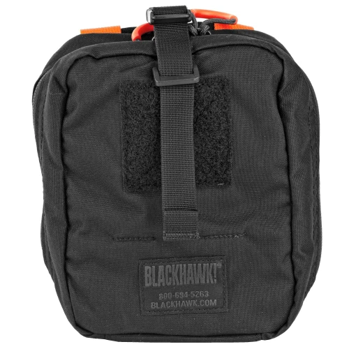 BLACKHAWK 37CL116BK Removable Medical Pouch, black emergency gear bag with secure S.T.R.I.K.E. and MOLLE compatibility, features rapid deployment and red identification handles for tactical medical use.