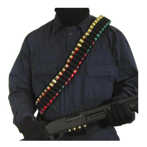 BLACKHAWK 43SB55BK Shotgun Shell Bandolier - Durable Nylon Webbing & 55 Shell Capacity, worn diagonally across a person's shoulder over a black shirt