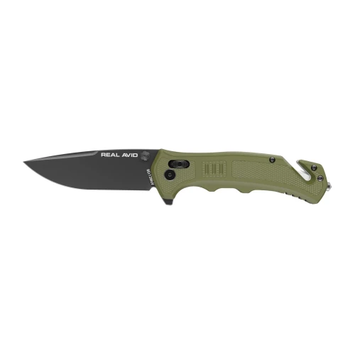 Real Avid AVRAV4, tactical folding knife with black blade and olive green handle.