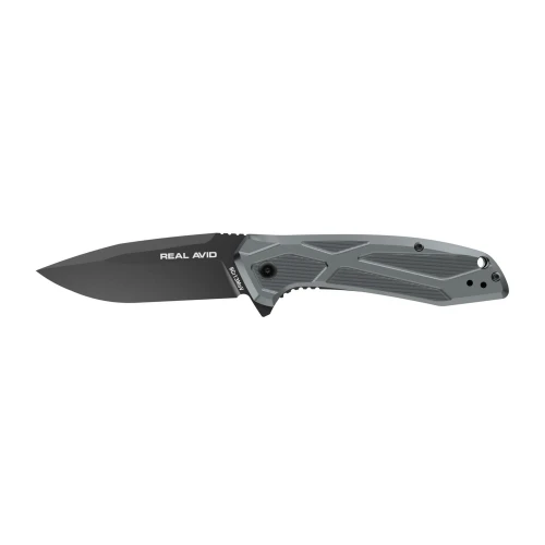 Real Avid AVRAV2, tactical folding knife with black blade and gray handle.
