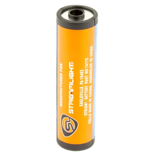 Streamlight 74175 Lithium Ion Battery Stick for Strion Light, OEM Replacement Battery, cylindrical rechargeable cell with orange and black exterior and specifications printed on the surface.