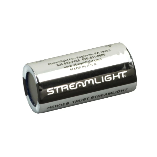 Streamlight 85180 High-Performance 3V Lithium Battery - Reliable Replacement for Streamlight Devices, cylindrical lithium battery with metallic finish and black branding.
