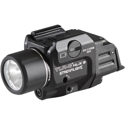 Streamlight 69475 TLR-8 HL-X G High Lumen Rail-Mounted Tactical Light - 1000 Lumens, USB-C Rechargeable with Interchangeable Paddle Switches, close-up view of the compact, black tactical flashlight equipped with a bright LED and mounting rail.