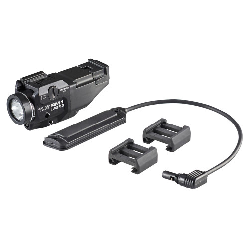 Streamlight TLR RM 1 Green Laser Tactical Long Gun Light with 500 Lumens, Model 69443, mounted laser flashlight with remote pressure switch and mounting accessories for tactical firearms.