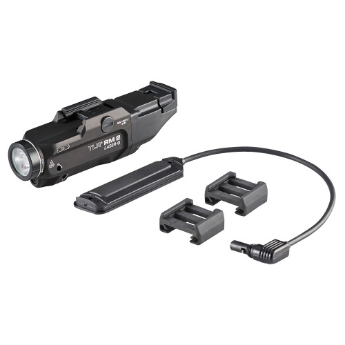 Streamlight 69453 TLR RM 2 Tactical Long Gun Light with 1000 Lumen Output & Integrated Green Laser, mounted on firearm with cable and mounting accessories.