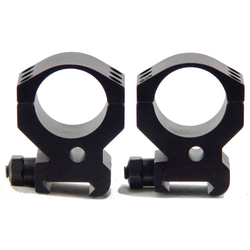 Burris Optics Xtreme Tactical Rings 420164, lightweight and durable scope mounts designed for tactical shooting and hunting, shown in a close-up image of the black metal rings with mounting screws.